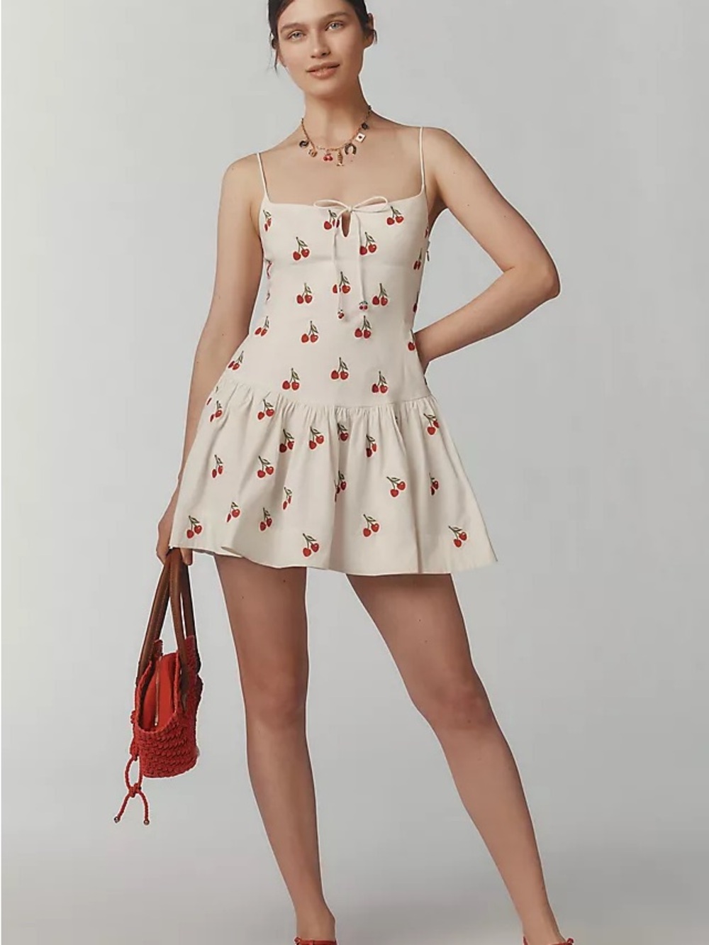 Maeve Drop Waist Mini Dress with Cherry Print **Without Cherry Charms on Ties**